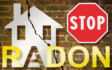 STOP to the danger of radon gas in our homes - concept with an outline of a small house with radon...