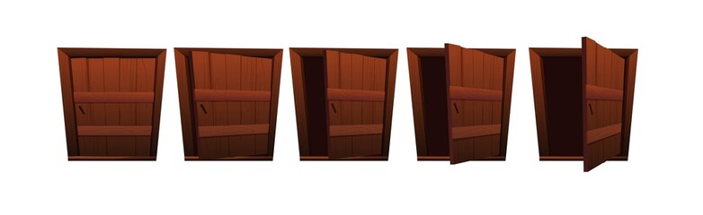 Opening vintage wooden door stages for animation in 2d game. Cartoon vector illustration.