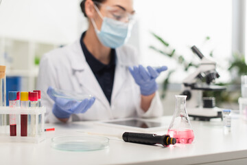 Fototapeta premium Electronic pipette, flask and petri dish near blurred scientist in laboratory.