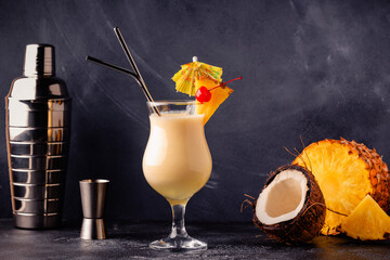 Traditional caribbean cocktail pina colada in a glass.