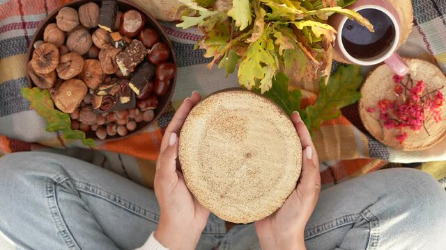 Close-up top view 4k stock video footage of two female hands holding empty round wooden section circle while sitting alone outdoor on plaid picnic blanket decorated with different autumn details
