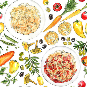 Italian Food Pasta Painted Watercolor On A White Background. 