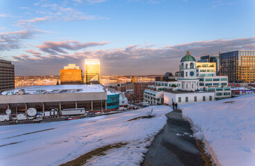 The iconic 120 year old town clock and the Halifax Downtown as seen from Citadel Hill in winter...