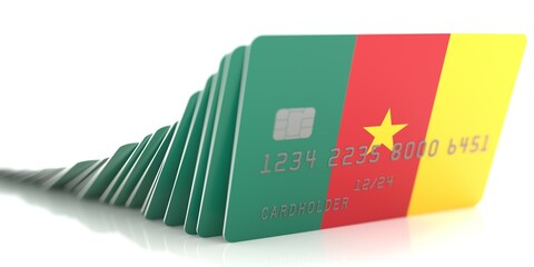 Domino effect with falling credit cards with flags of Cameroon. Conceptual 3d rendering