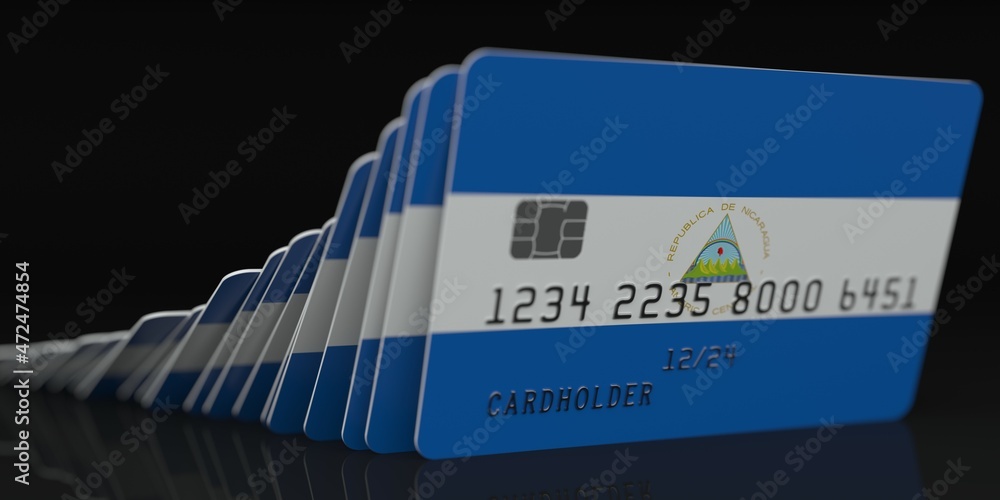 Poster domino effect, fallen credit cards with flags of nicaragua. fictional data on card mockups. banking 