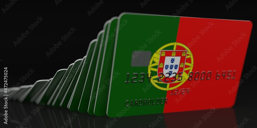 Poster domino effect, fallen credit cards with flags of portugal. fictional data on card mockups. banking c