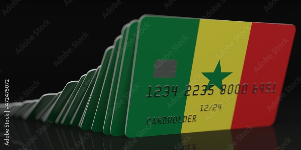Poster domino effect, fallen credit cards with flags of senegal. fictional data on card mockups. banking co