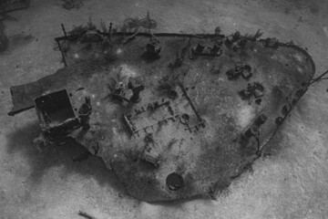 A shot of the bow section of the sunken shipwreck the Oro Verde. This wreckage that lies in shallow water in Grand Cayman is a popular attraction for divers and snorkelers as well as being a habitat 