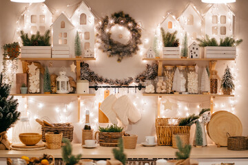 Christmas decor. electric garlands on decorated in kitchen for new year. 