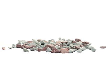Colorful rocks, pebbles, stones pile isolated on white background, side view
