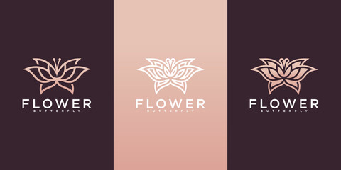 Flower butterfly logo design template with creative line art concept Premium vektor