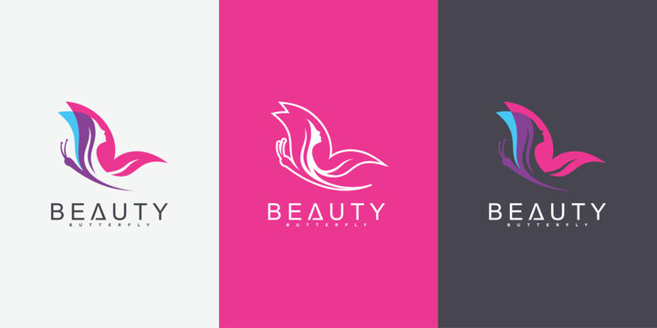 Creative beauty butterfly logo design template with combined  leaf and woman face concept Premium vekto