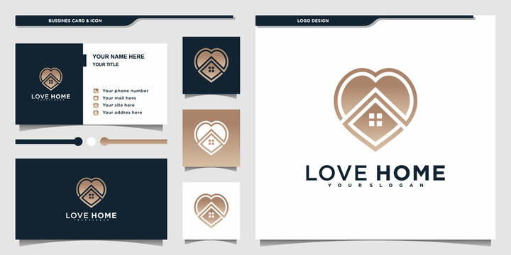 Love home logo with cool gradients colour style and business card Premium vektor