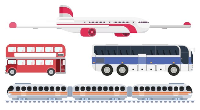 transport selection plane buses trains. flat style
