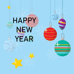 Greeting card with text Happy New Year. Blue background with Christmas decorations, including balls with ornaments and stars hanging from the top. 