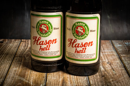 Neckargemuend, Germany - Oktober 17, 2021: two labels of german beer brand Hasen (Hasen means rabbit in english) located in Augsburg, Bavaria. hell is a typical bavarian type of Bavarian lager Beer.