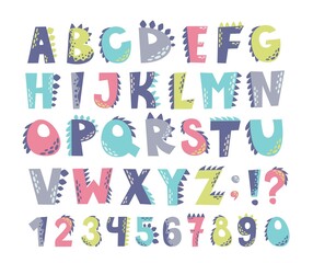 Children's alphabet in the style of dinosaurs. Letters and numbers. Set for inscriptions and lettering. Vector collection