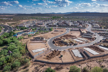 New home construction in Rancho Sahuarita, Arizona, drone shot.
