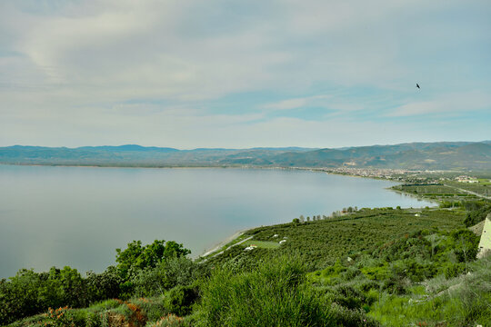 Aerial view of nature and lake iznik local name of iznik golu, top view of water and sky.