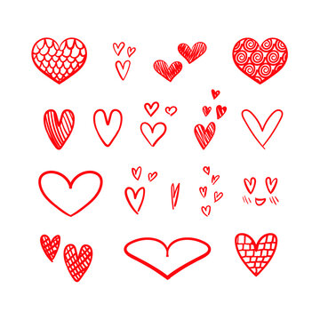 Set of Red Hand Drawn Heart Isolated on White Background, Design Elements for Valentines Day.