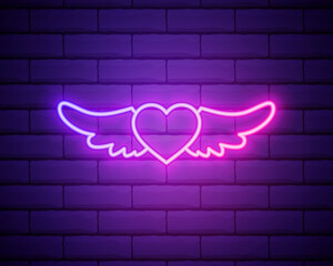 Heart with Wings purple glowing neon ui ux icon. Glowing sign logo vector isolated on brick wall background.