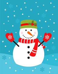 Snowman with hat, scarf and mittens. Snowman christmas background. Vector illustration