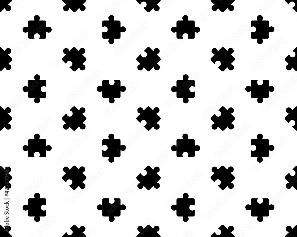 Aufkleber seamless pattern with the image of various puzzle pieces in the sketch style. black and white print.