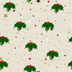 Seamless Christmas pattern with holly berries ink style.