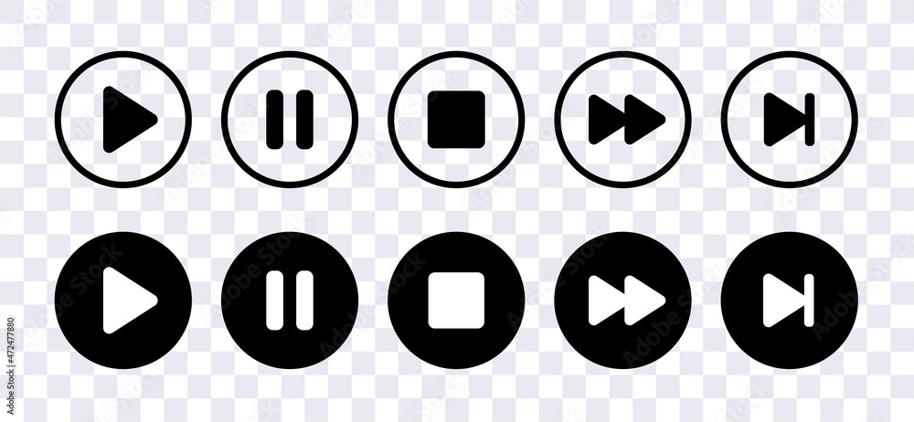 Poster play pause stop button icon collection. player buttons - stock vector