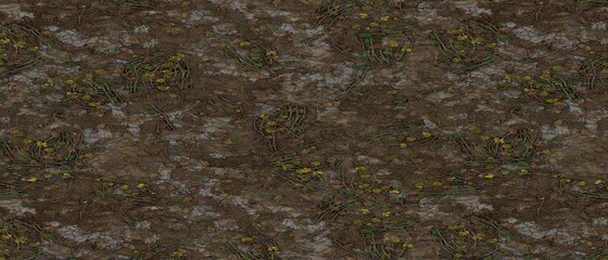 Barren land texture with green plants grow on cracked dry soil with stones top view. Texture for game, abstract background, environment ground tile with gray boulders