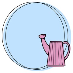 Fototapeta na wymiar Round light blue frame with pink striped watering can, vector illustration , emblem icon