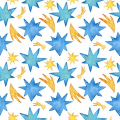 Watercolor blue stars with yellow comets , seamless pattern, banner on a white background