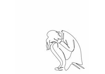 continuous silhouette drawing of a crying woman squatting in a minimalist style