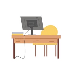 Vector flat cartoon chair and work desk with monitor,books isolated on empty background-electronic equipment and office interior elements,workplace organization concept,web site banner ad design