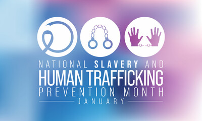 National Slavery and human trafficking prevention month is observed every year in January, to raising awareness about the different forms of human trafficking, also known as modern slavery. Vector art