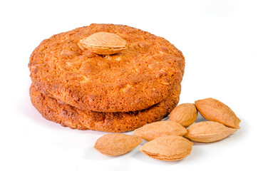 Cookies and grain almond on white background