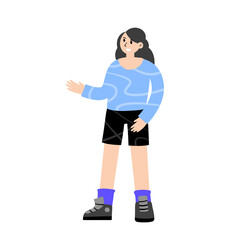 Female character talking. Woman gestures and show and points with her hand. Young girl in summer casual clothes.