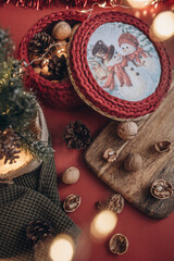 Christmas decor on a red background festive table decoration