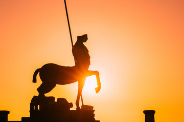 Pompeii, Italy. Statue Of Centaur On Territory Of Forum On Background Sunset Sunrise Sky