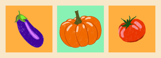 Pumpkin, eggplant and tomato. Collection of vector icons. Hand-drawn, flat design. Funny food concept.