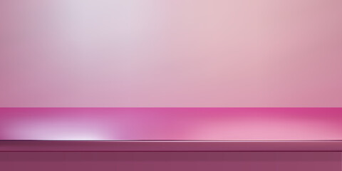 Obraz premium Pink steel countertop, empty shelf. Vector realistic mockup of table top, kitchen counter on rose background with spot light. Bar desk surface in foreground