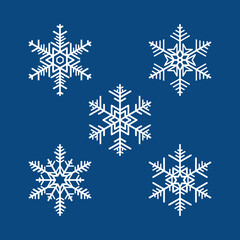 Set of five white snowflake icons collection. Dark blue abstract background. Element design for logo, symbol, banner, card, cover, poster, tile, wall. Vector illustration.