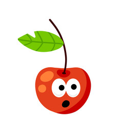 Cherry character. Cute mascot with face and eyes. Red berry with twig and leaf. Sweet, fresh food. Flat cartoon