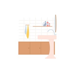 Vector flat cartoon bathroom cabinet,towels,sink and faucet,mirror,wall with tiles isolated on empty background-modern home washroom furniture,interior elements concept,web site banner ad design