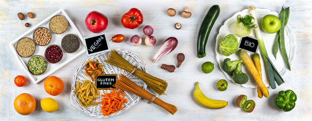 Fototapeta na wymiar Vegan diet - Fruits, vegetables, pasta, cereals and seeds