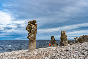 Fårö Island in Sweden. Rauks, ancient stone formations. Column like landform. Rauks often occur in groups called 