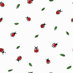 Cute summer pattern with hand drawn ladybugs and leaves. Creative surface design for textile, backgrounds, prints, packages and kids designs