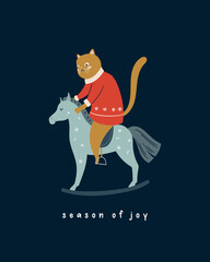 Funny cat rides a toy horse. Christmas and New Year illustration, greeting card