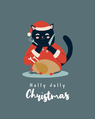 Cute black cat eating grilled chicken. Merry Christmas and New Year illustration, greeting card