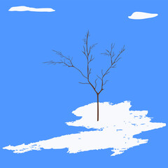 Spring landscape - April, tree without leaves, melted snow on a blue background - abstract illustration - brush strokes, grunge style - art, vector.